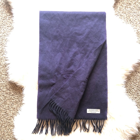 Burberry | 100% Cashmere Dark Purple Signature Logo Embroidered Scarf - Picture 3 of 9